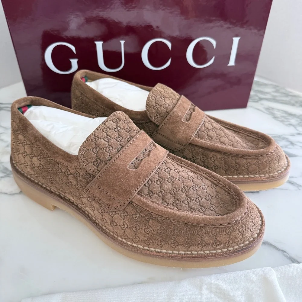 GUCCI  GG Moreau Moccasin Brown Suede Loafer Shoe Penny Strap, G 8+